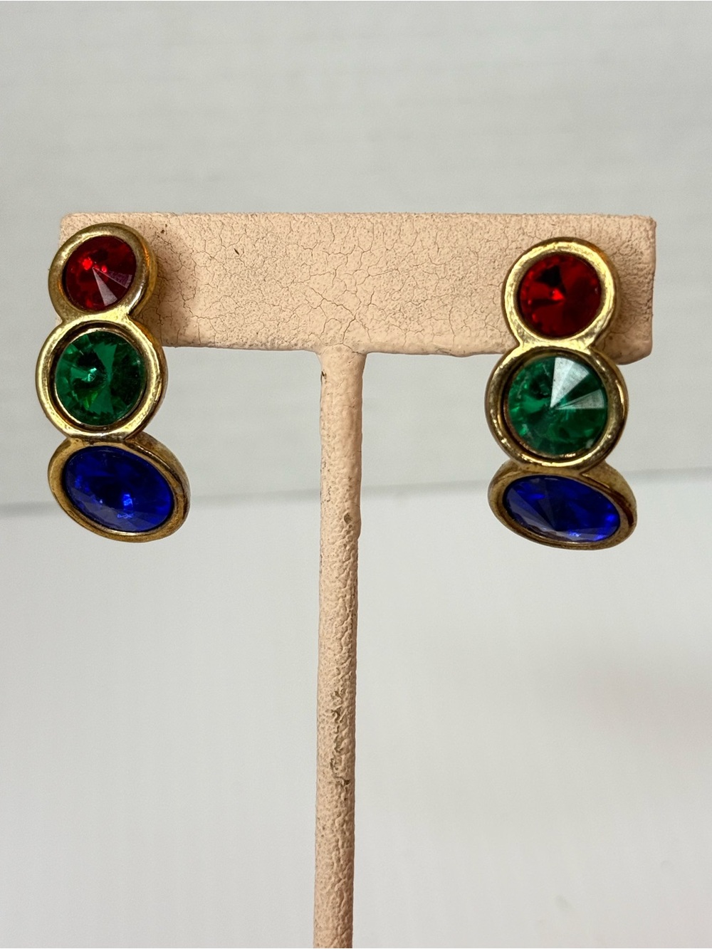 Vintage Gold-Tone Multi-Color Crystal Drop Earrings - Red, Green & Blue